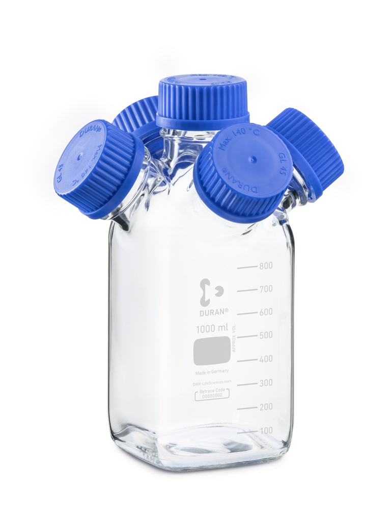 DURAN® GL 45 Hydra Vierkantflasche, Klar, 1000ml, mit 4 GL 45 Seitenhälsen


