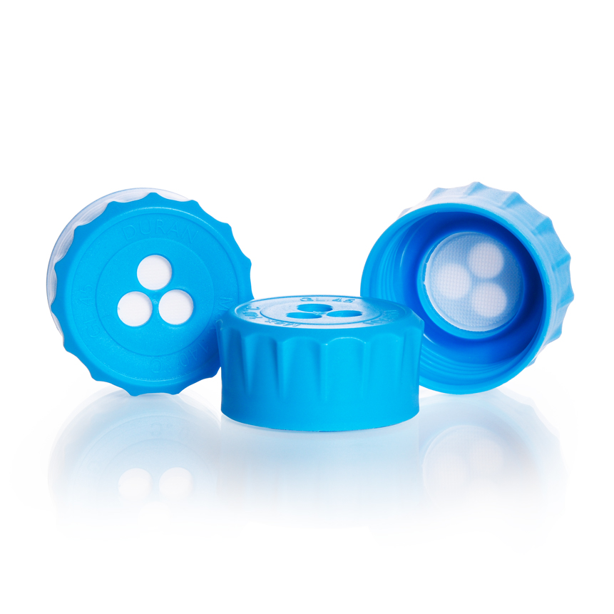 DURAN® YOUTILITY™ Membranverschluss, GL 45, PP, Zyan, für DURAN® Laborglasflaschen ePTFE Porengrößen 0,2 µm